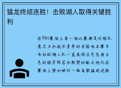 猛龙终结连胜！击败湖人取得关键胜利