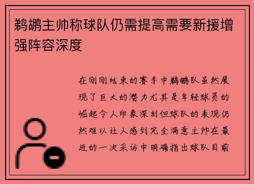 鹈鹕主帅称球队仍需提高需要新援增强阵容深度